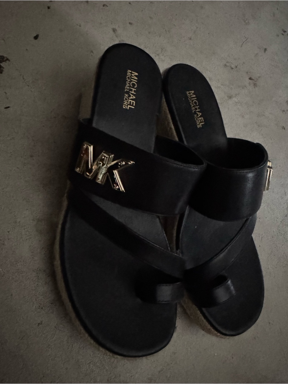 Michael Kors Black Leather Slide Sandals with Gold MK Accent Wedges - Picture 3 of 5